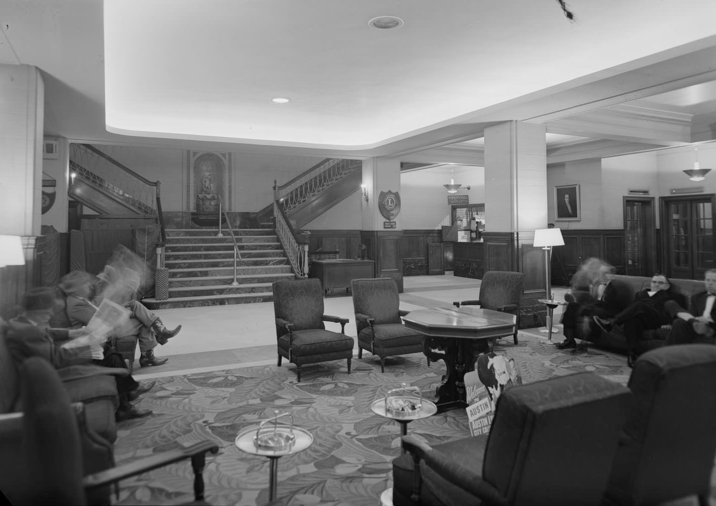 #153 Interior of the Austin Hotel showing the lounge with unidentified guests of the hotel, 1954
