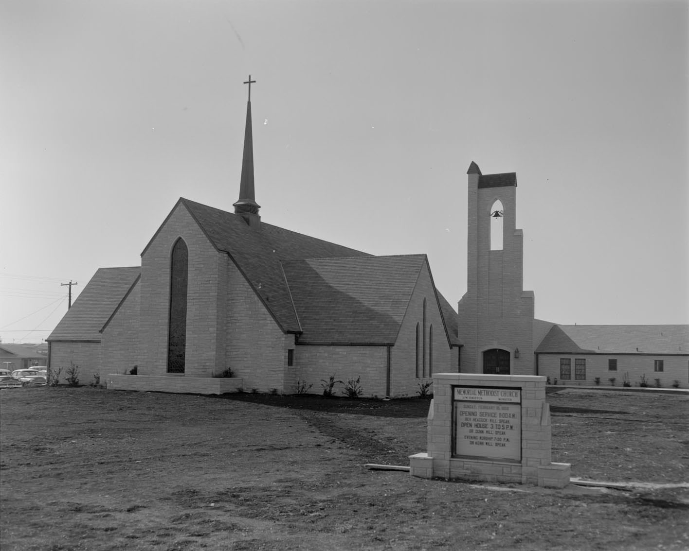 #197 Exterior of Memorial Methodist Church and grounds, 1958