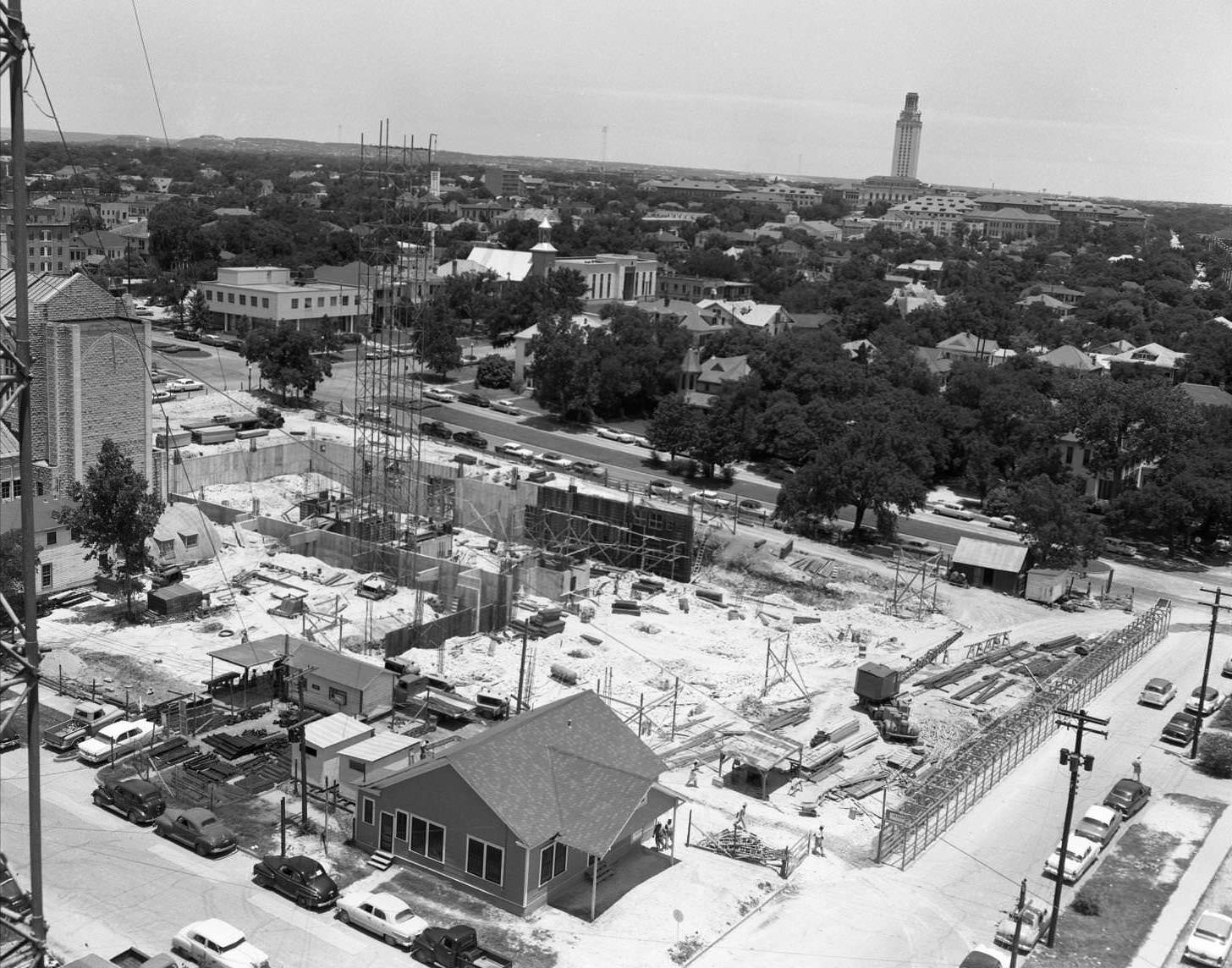 #72 Aerial shot of cranes and scaffolding at TEC construction site. 15th Street, 1958