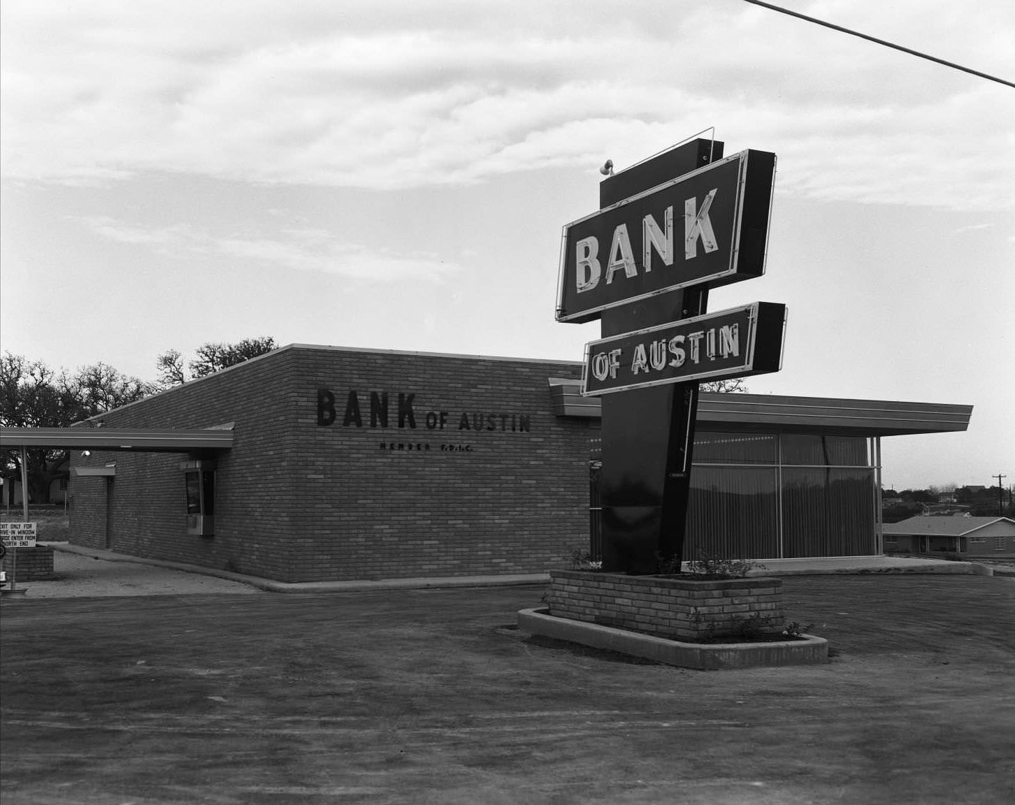 #37 Exterior Bank of Austin, close up, President R M McKee, East Oltorf St., 1957