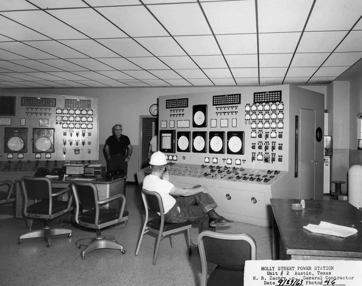 #85 Two men in the control room of the Holly Street Power Plant, Austin, Texas, 1963