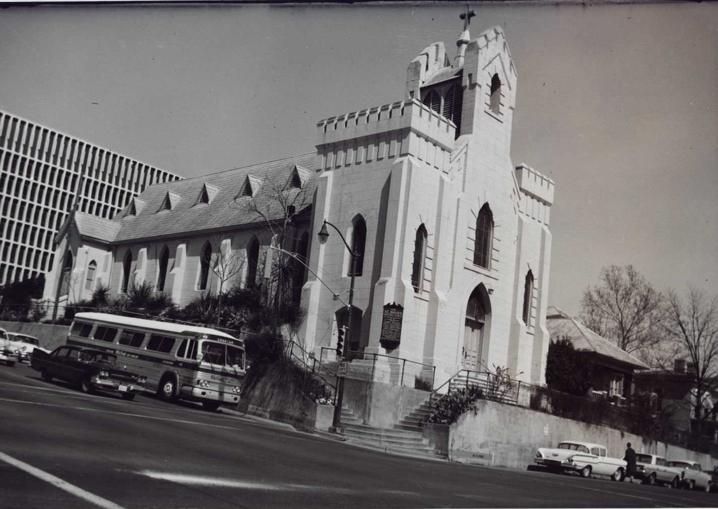 #25 Exterior of St. David’s Episcopal Church taken from across the street at the intersection of San Jacinto and East 7th, 1965