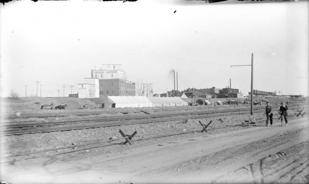 #27 View of construction of the Denver Tramway’s storage yard and tracks near Jason Avenue (Santa Fe Drive) and Bayaud Street in Denver, 1904.