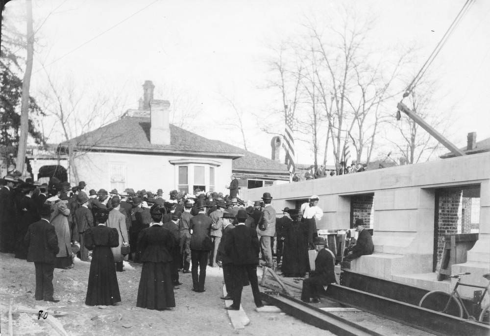 #114 Colorado Governor Henry Augustus Buchtel speaks to a crowd at the cornerstone ceremony at the Denver Public Library (Carnegie) construction site in the Civic Center neighborhood of Denver, 1900
