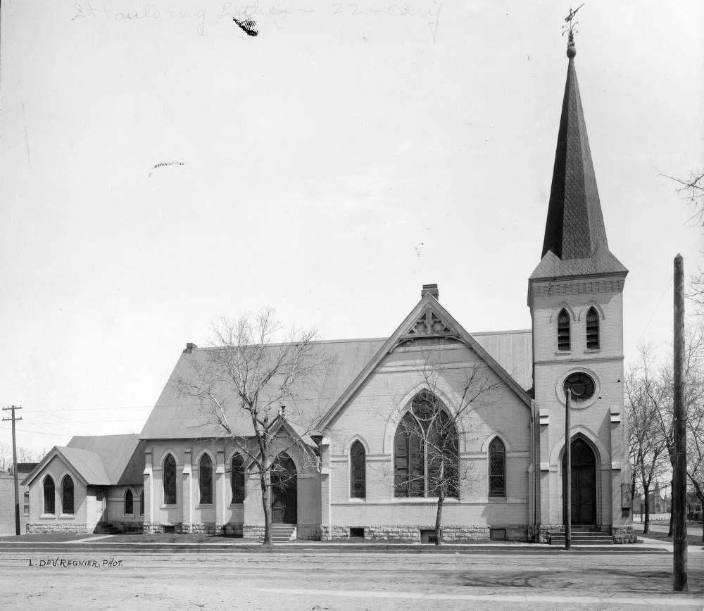 #121 View of St. Paul’s English Lutheran Church at 22nd (Twenty-second) and California Streets in the Five Points neighborhood of Denver, 1900