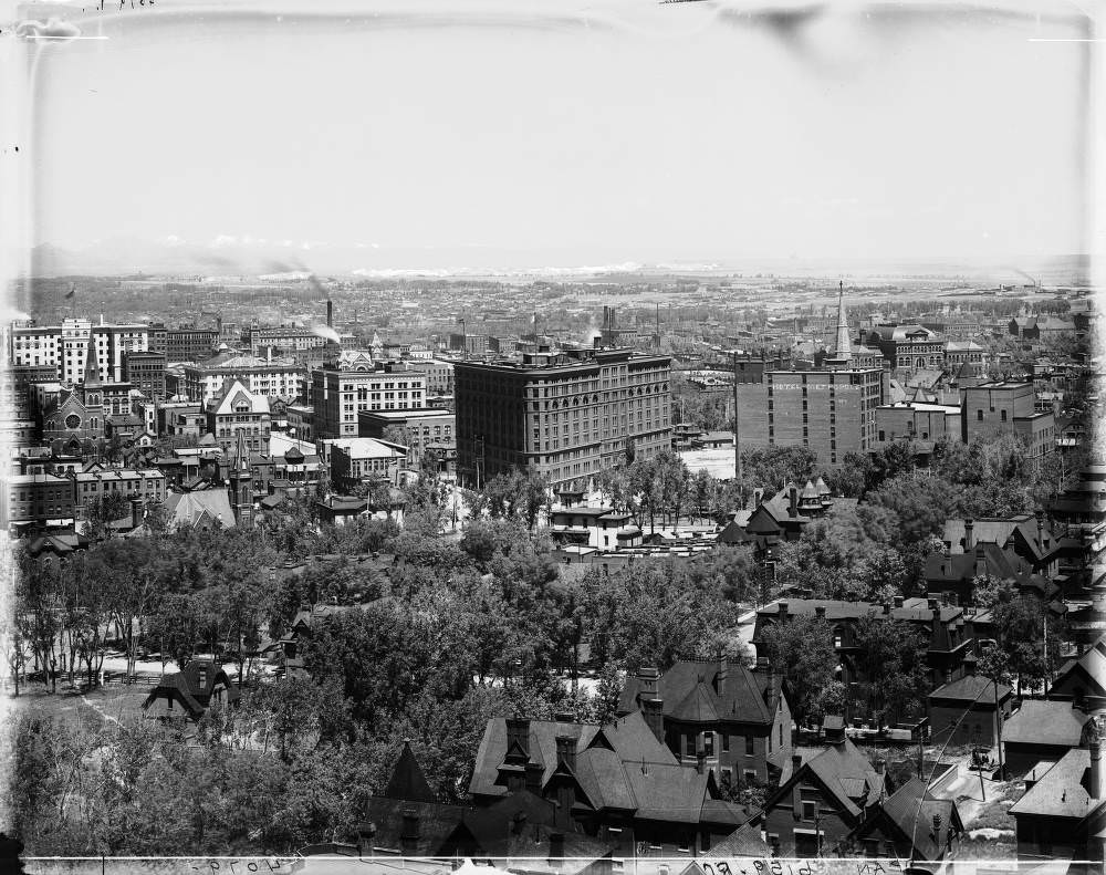 #129 Panoramic view of the central business district of Denver, Colorado from the State Capitol Building. Shows the Brown Palace Hotel, Denver Club Building, 1900s