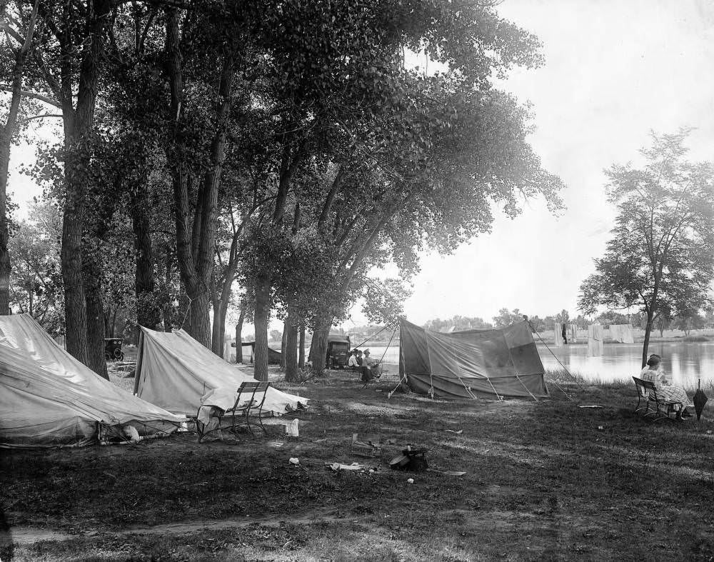 #167 View of camp sites beside Rocky Mountain Lake at Rocky Mountain Lake Park in the Berkeley neighborhood of Denver, 1909
