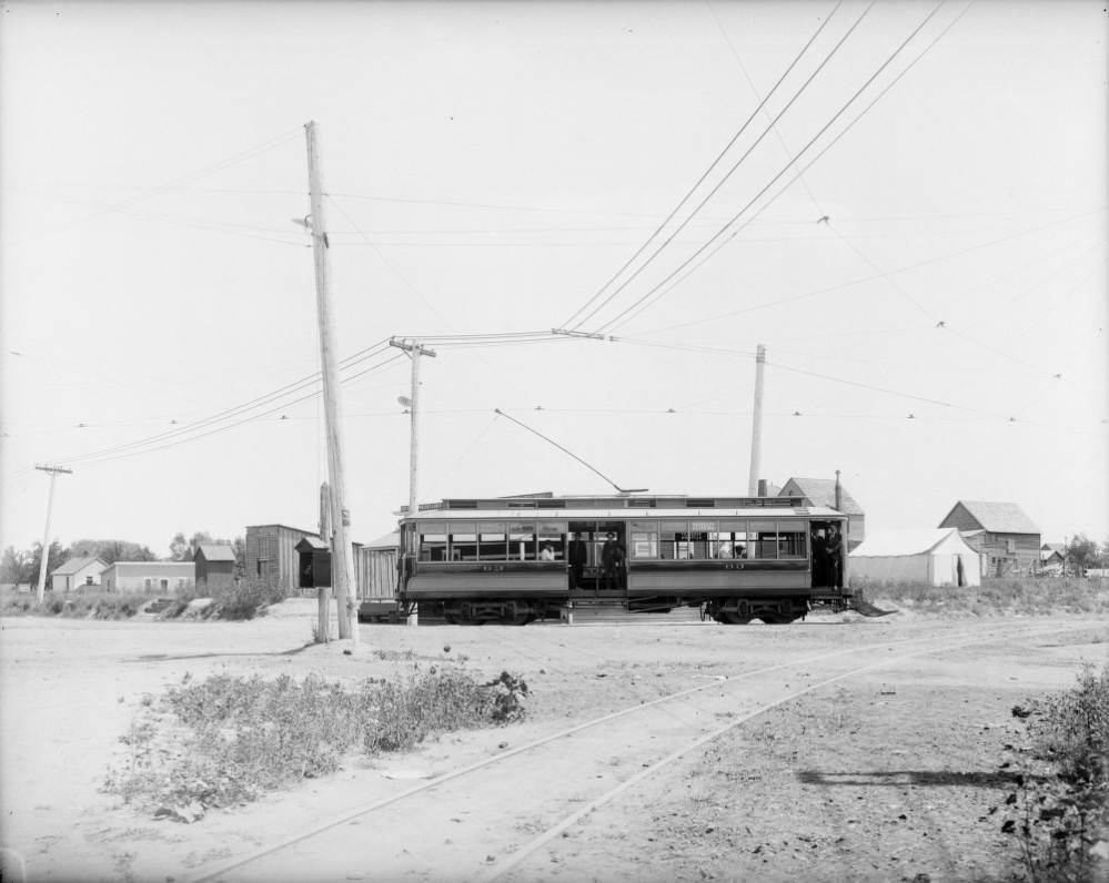 #169 The Denver Tramway Company car #63 is at the Berkeley Loop at the end of the Berkeley, – Elitch line at Berkeley Park about 40th (Fortieth) and Yates in Denver, 1909