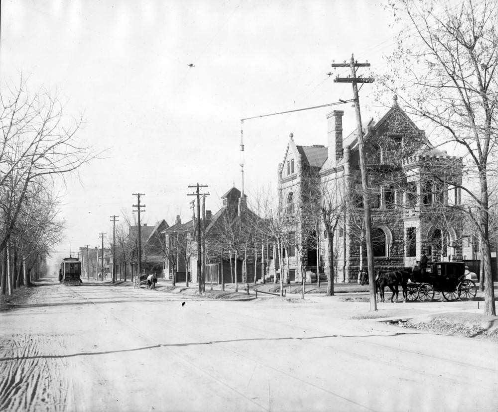 #32 View of a Victorian Richardsonian Romanesque house at the corner of 1st (First) Avenue and Grant Street in the Speer Neighborhood of Denver, 1905