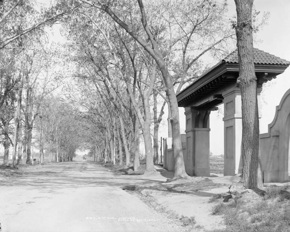 #7 View of columned gateway at Fourth (4th) Avenue and Franklin Street, in the Denver Country Club neighborhood, Denver, 1907