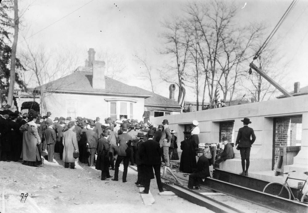 #189 Colorado Governor Henry Augustus Buchtel speaks to a crowd at the cornerstone ceremony at the Denver Public Library (Carnegie) construction site in the Civic Center neighborhood of Denver, 1907