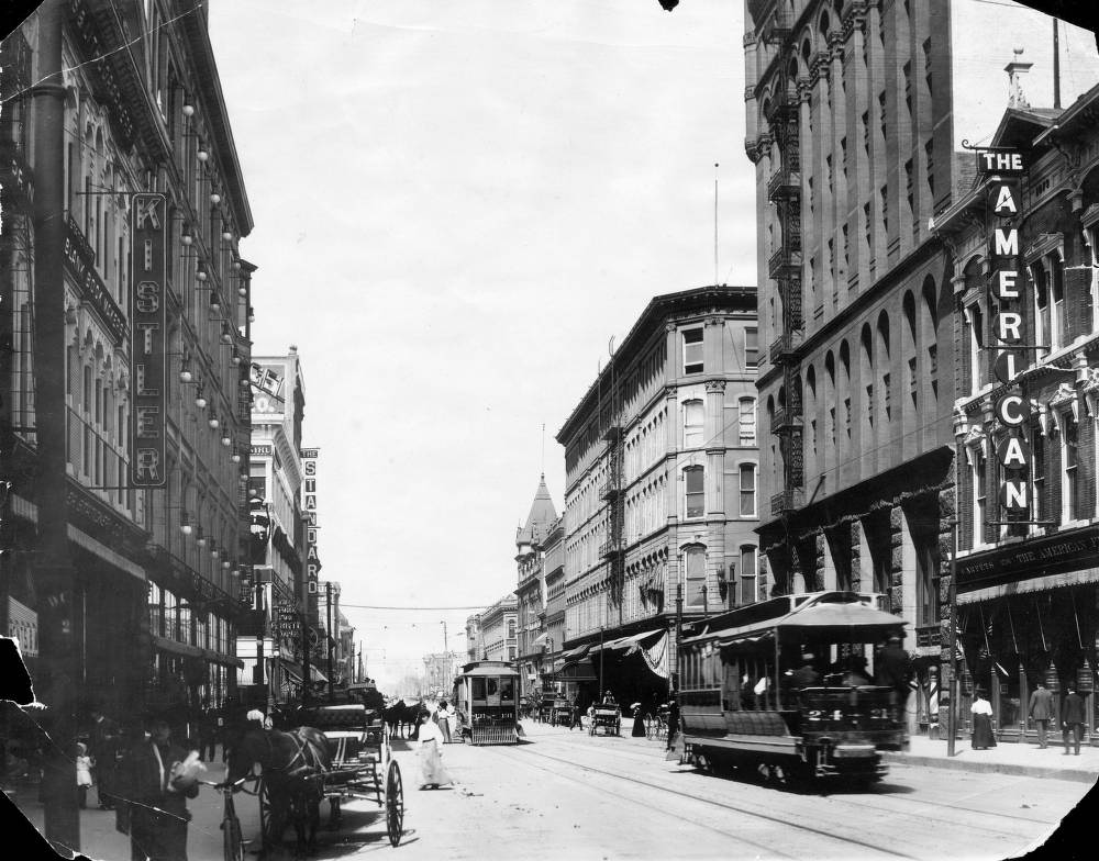#50 View of 16th (Sixteenth) Street in Denver, Colorado; shows pedestrians, traffic, Denver, 1900s