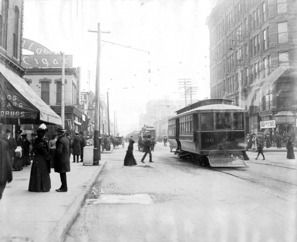 #54 Denver Tramway Company trolleys, led by number 36 and followed by the Stock Yard and number 333, are on 15th (Fifteenth) Street in Denver, 1905