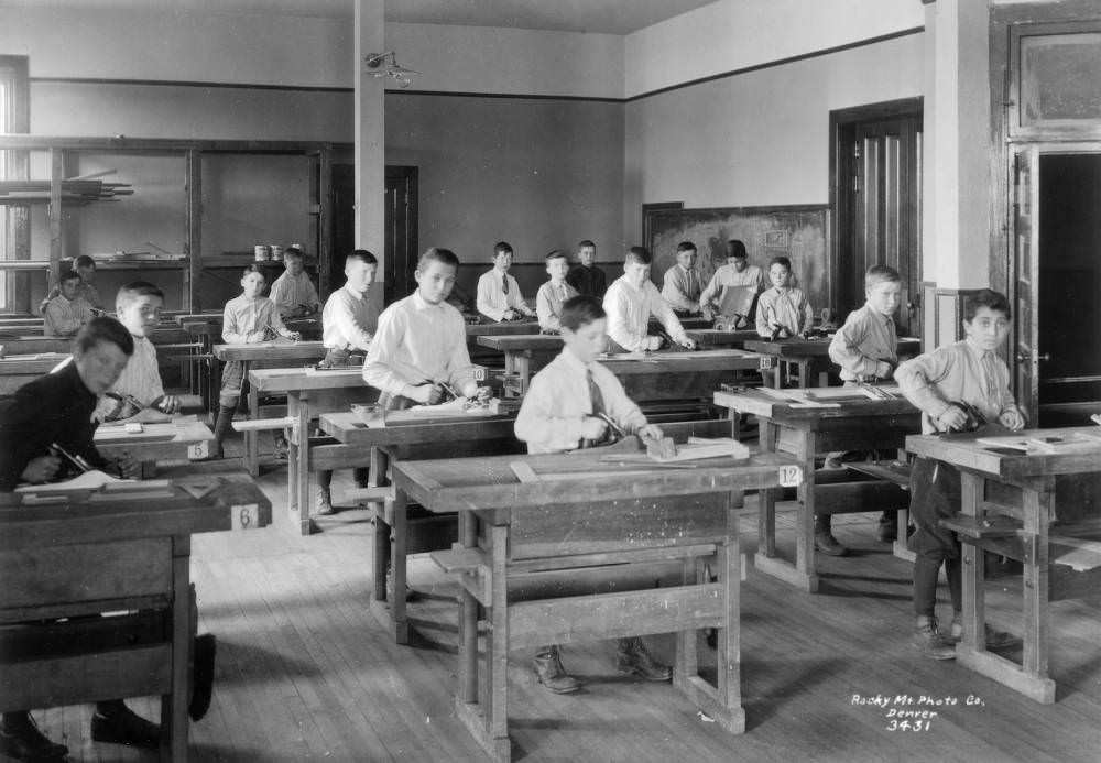 #19 Boys pose with wood planes in the workshop at the Denver Orphans’ Home (later the Denver Children’s Home) at 1501 Albion Street in the South Park Hill neighborhood of Denver, 1909