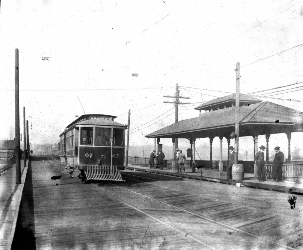 #58 Denver Tramway Company trolley Golden number 67 at Union Station on the 16th (Sixteenth) Street viaduct in Denver, 1905