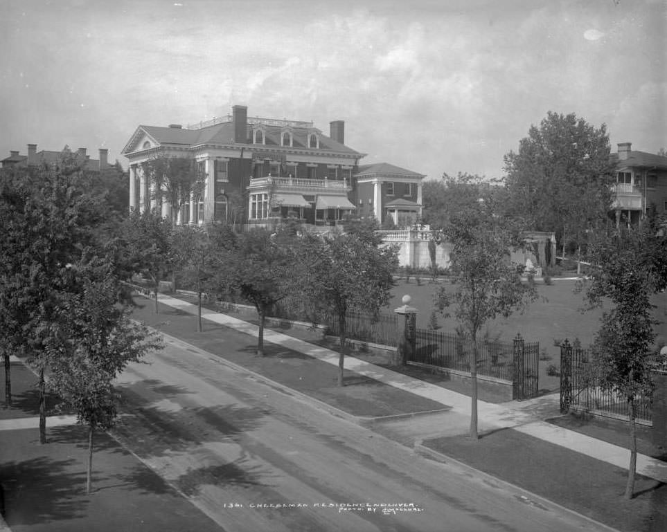 #5 Exterior view of Walter Scott Cheesman’s residence (later called Cheesman-Evans-Boettcher mansion & Governor’s mansion), 400 East 8th (eighth) Denver, 1908