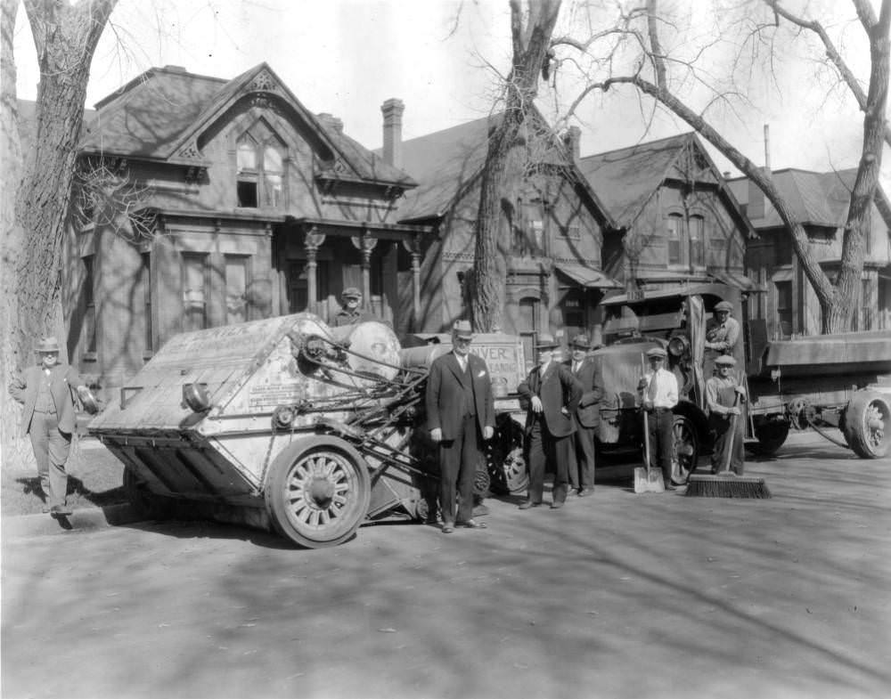 #95 Showing Denver’s new motor street cleaner for resident streets with one of the city’s fifty motor trucks in the rear, 1909