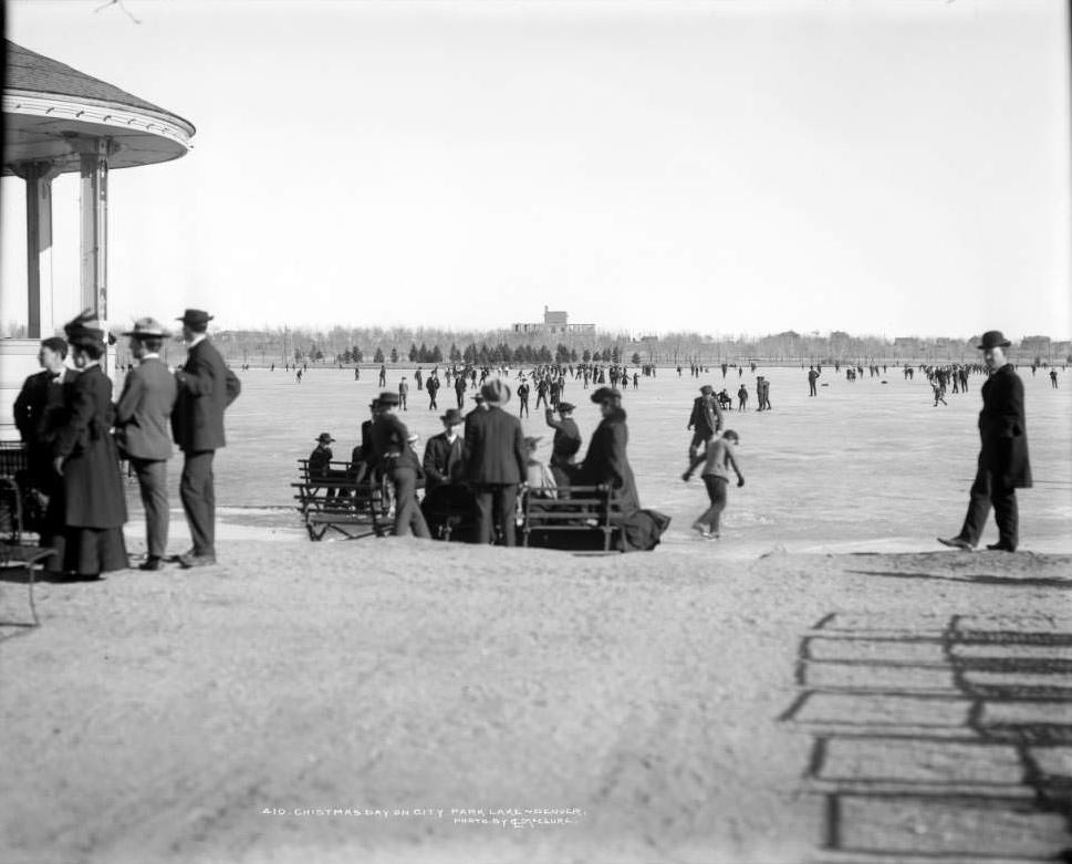 #6 Ice skating on City Park Lake, Denver, Colorado, 1901. View east to Museum of Natural History building under construction.