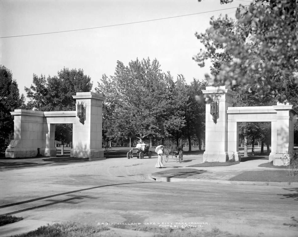 #63 McLellan Gate, 18th (Eighteenth) Avenue entrance to City Park, Denver, Colorado, completed in 1904 as a gift of William W. McLellan, founder of City Park.