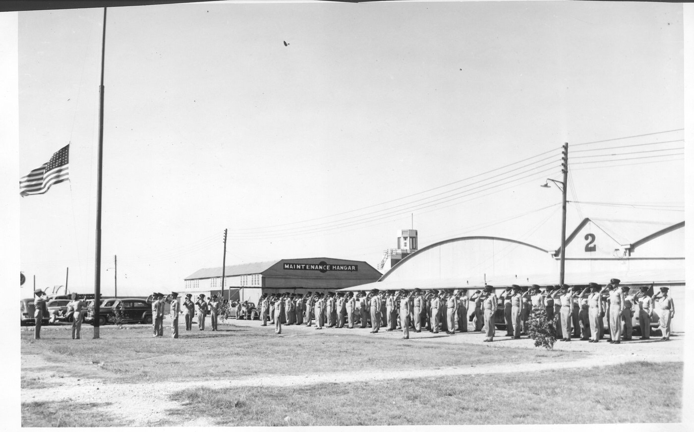 #103 Revielle ceremony at Hicks Field ends 4-year training program for World War I and II pilots, Fort Worth, Texas, 1944