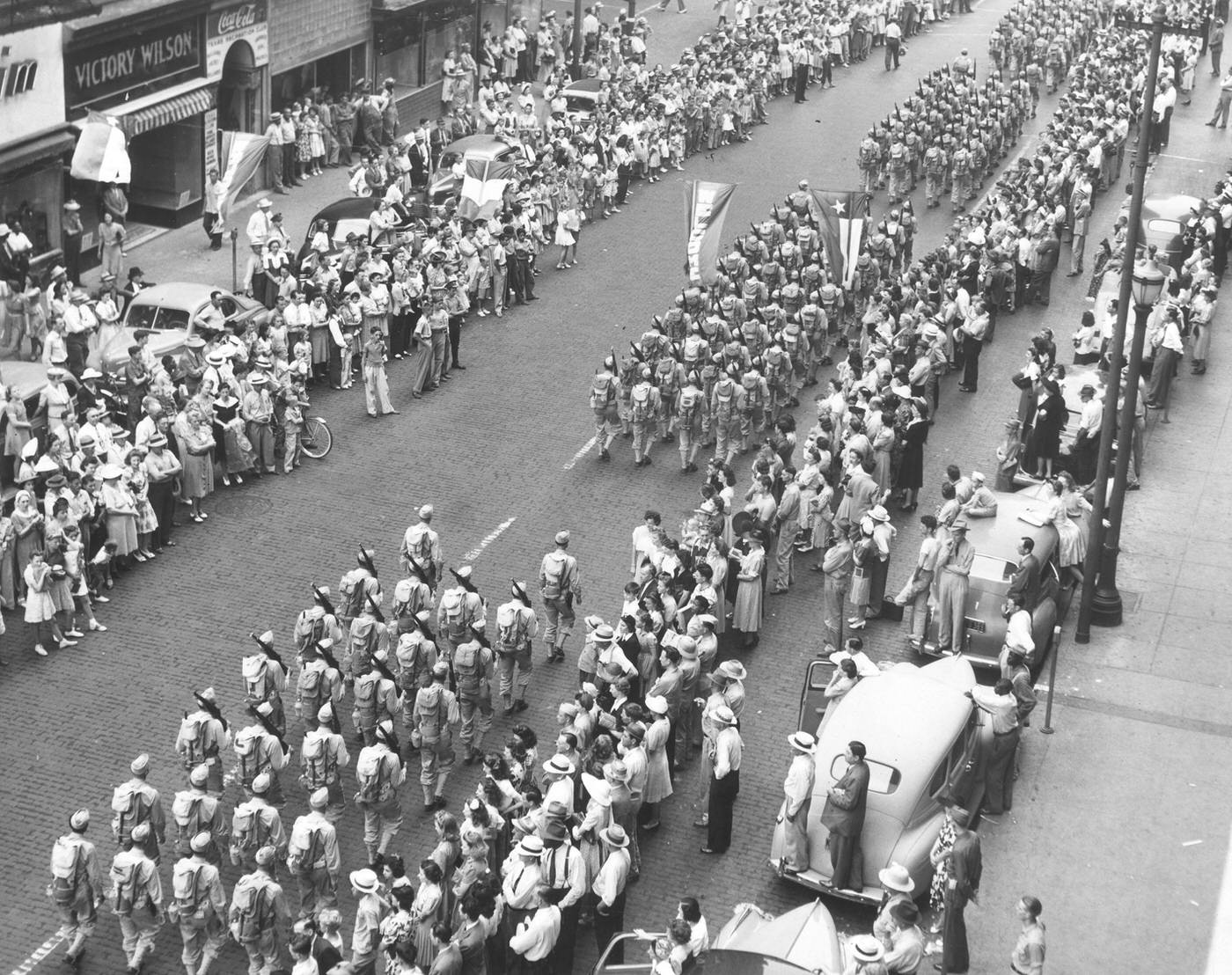 #106 156th Infantry from Camp Bowie, Texas, marching on Fort Worth’s Main St., 1940