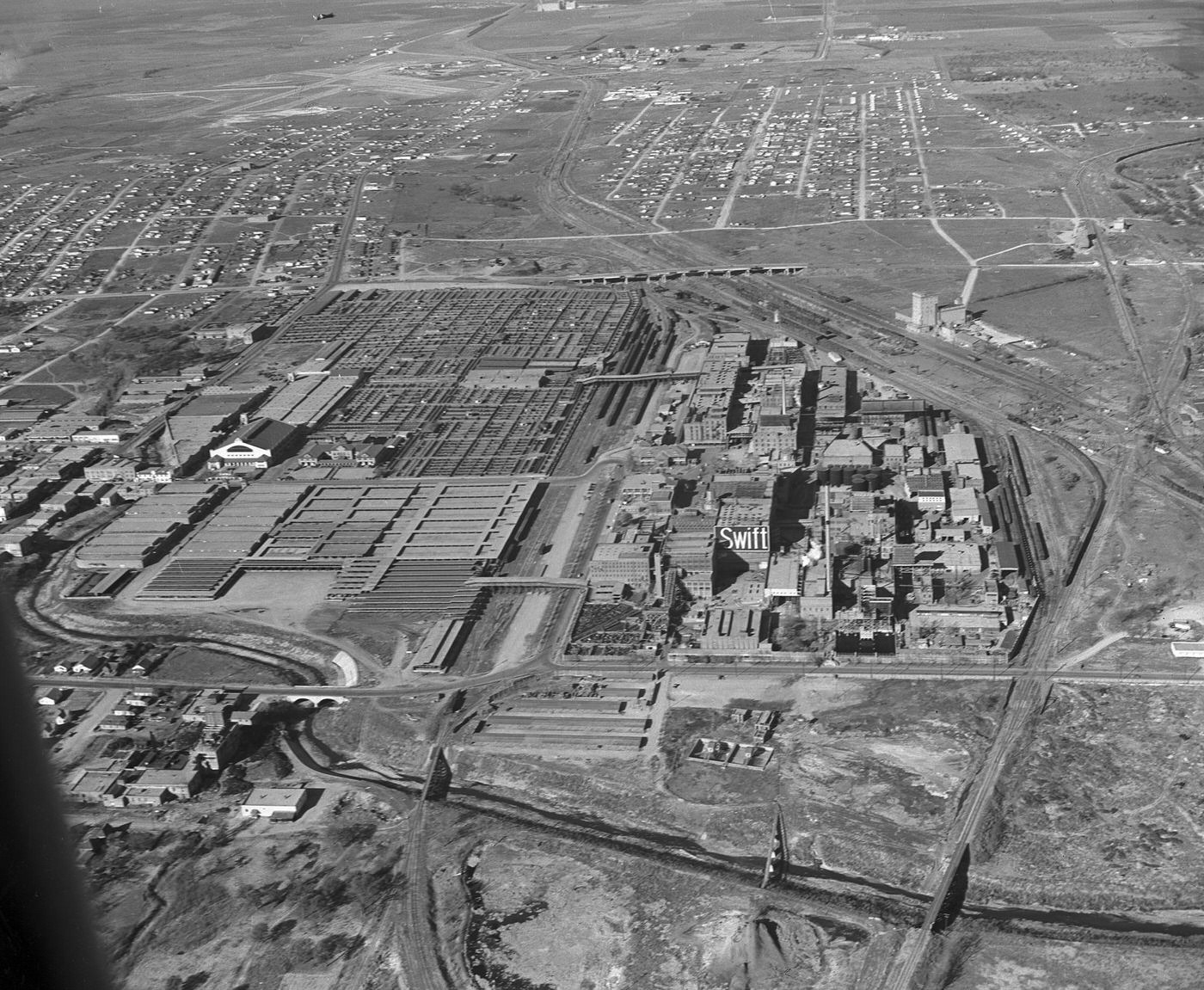 #19 An aerial view of Fort Worth stockyards and Swift meat packing company, 1945