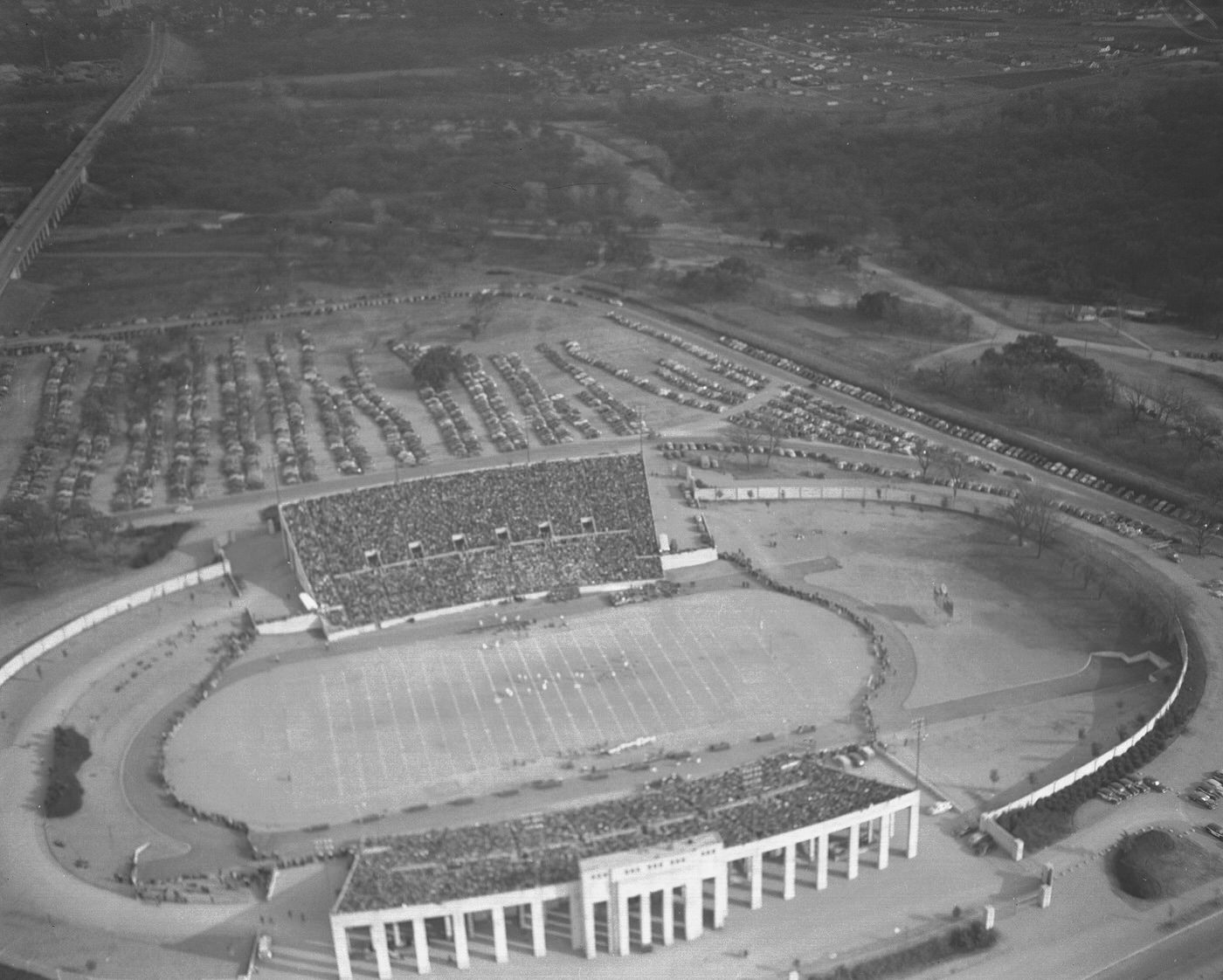 #7 Airview of Farrington Field and football game between Highland Park and Wichita Falls, 1945