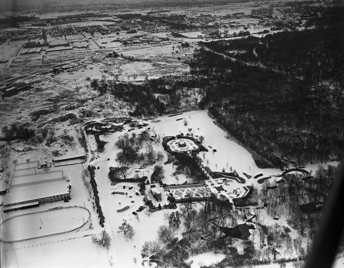 #47 Air view of the Rose Garden, Fort Worth, Texas and Botanic Garden, Fort Worth, Texas, covered in snow, 1940