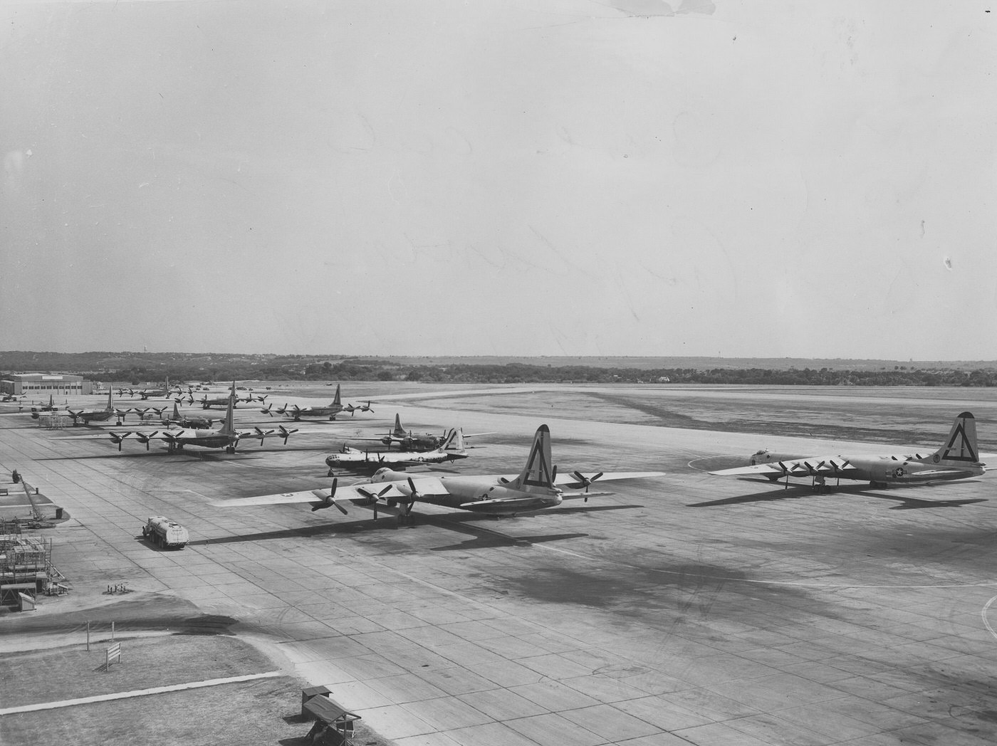 #59 8th Air Force fleet of B-36 bombers parked on tarmac, Carswell Air Force Base, 1948