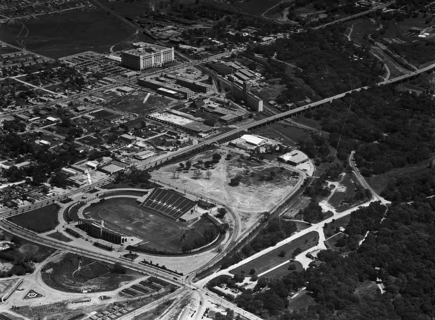 #123 Aerial view of Farrington Field and the Casa Manana revolving stage, 1947