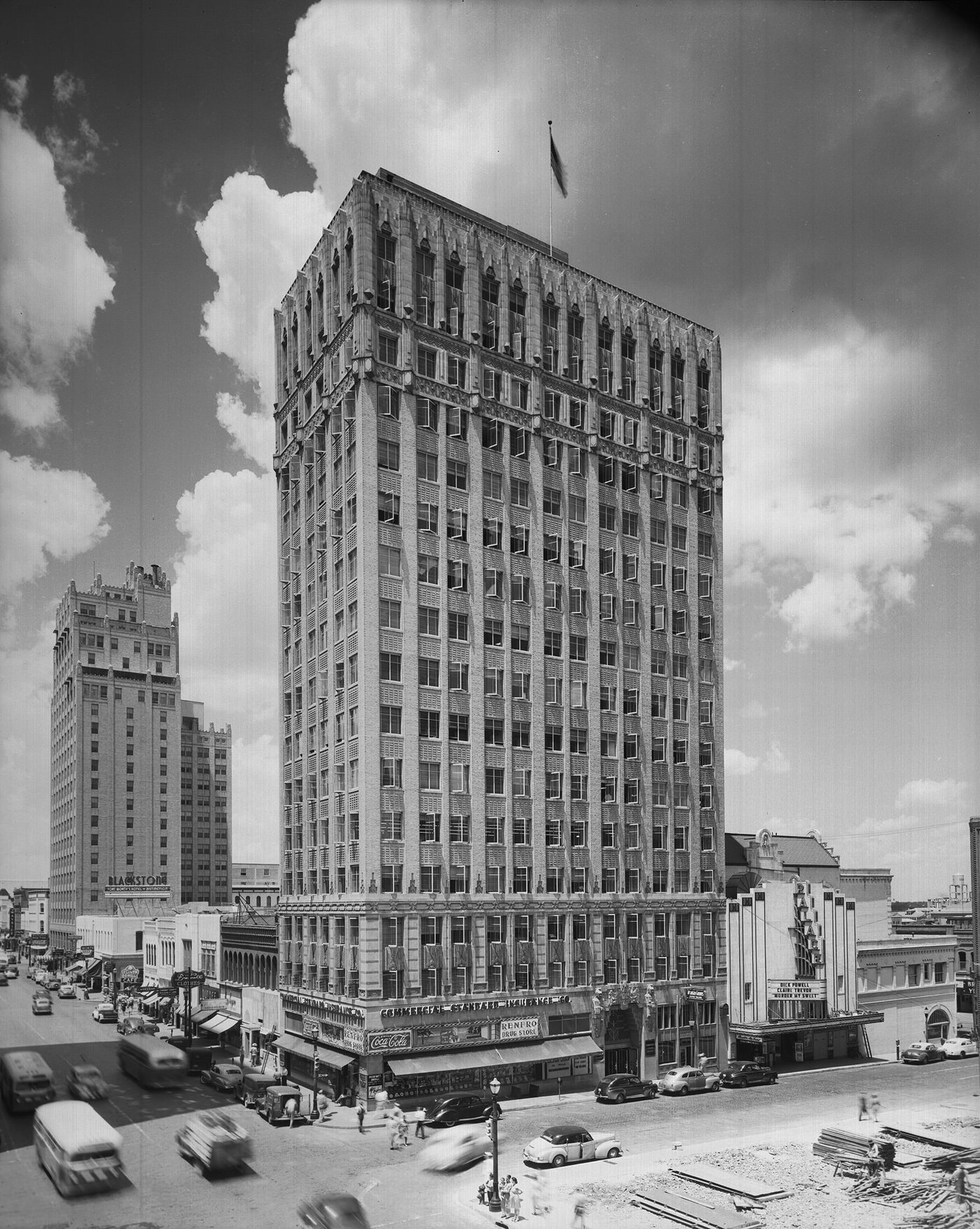 #144 Aviation building at 7th and Main, downtown Fort Worth – Commercial Standard Insurance Company, Blackstone Hotel on Main St., Palace Theater on 7th St., Ellison Furniture in background on right, 1945