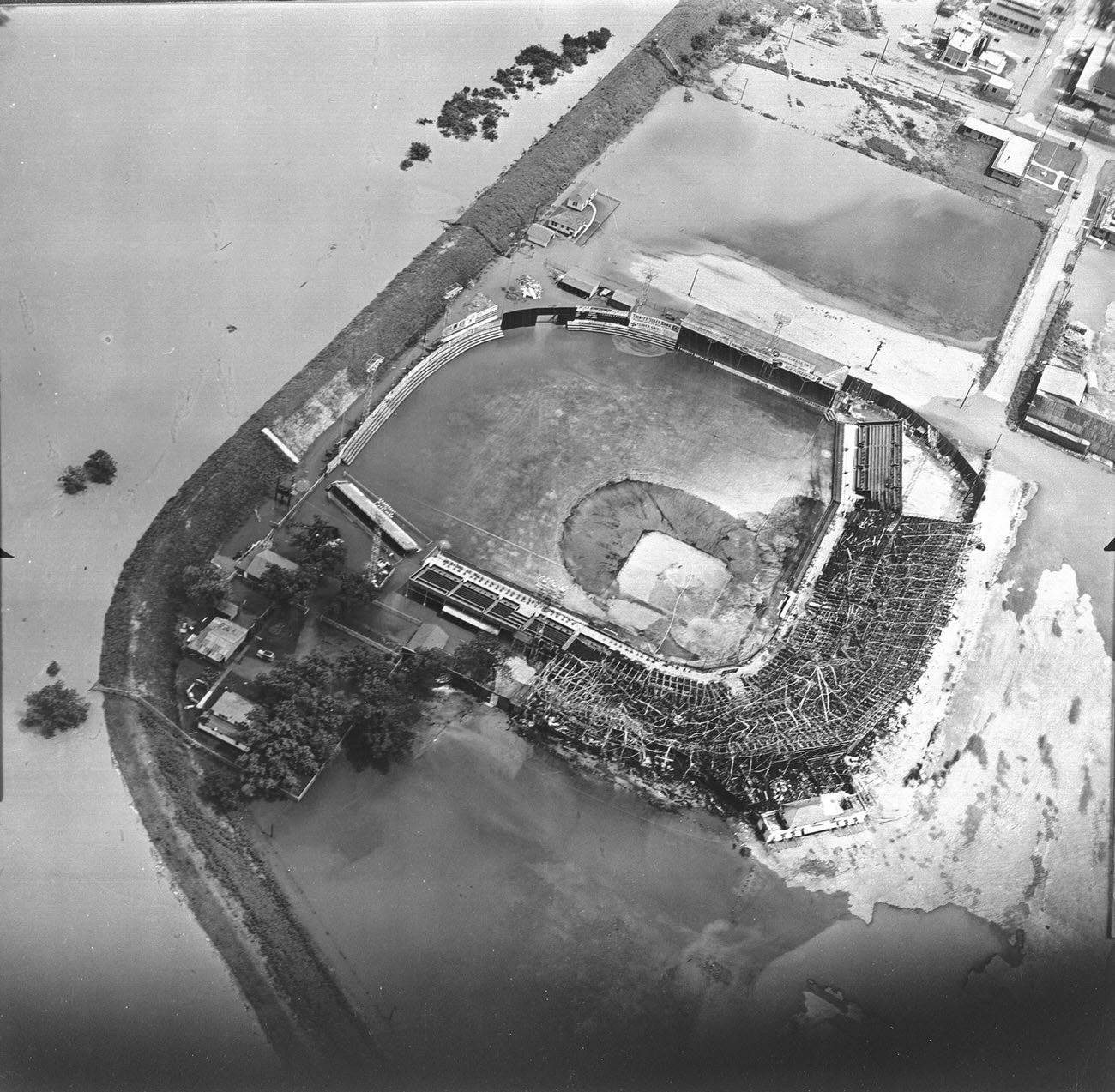 #120 Flooding along North Main St., Fort Worth, aerial of flooded LaGrave Field, Cats baseball park, 1949