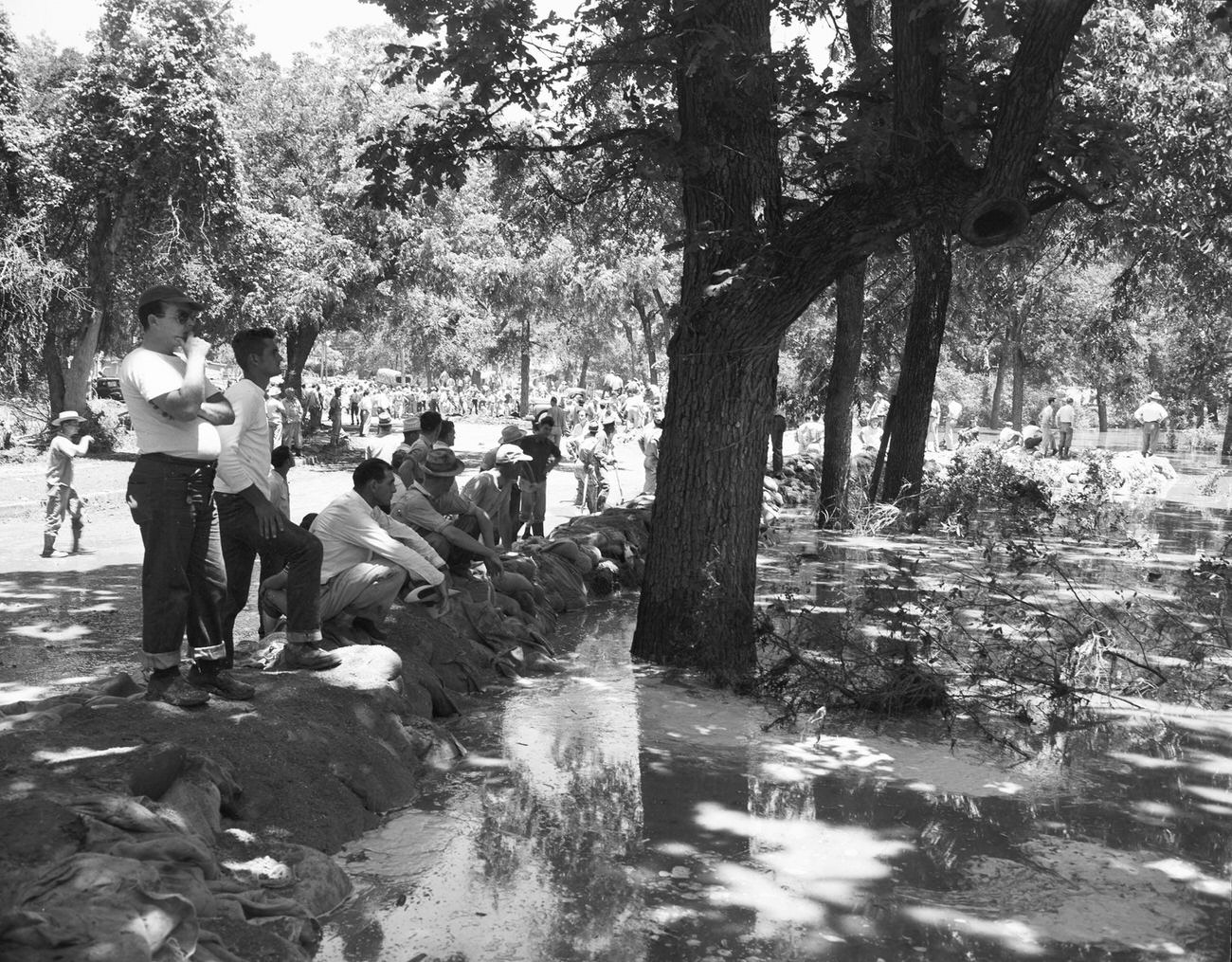 #16 Flood damage at a park, 1949. Men observing the flood damage.