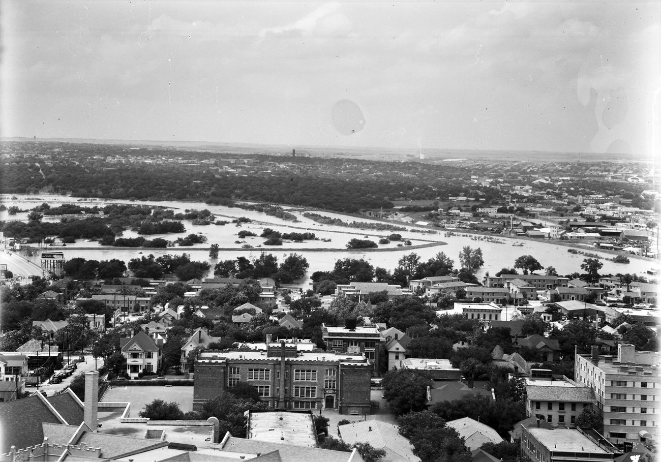 #35 Fort Worth Flood Scene Panorama, 1949. Buildings, trees and flooded area are seen.