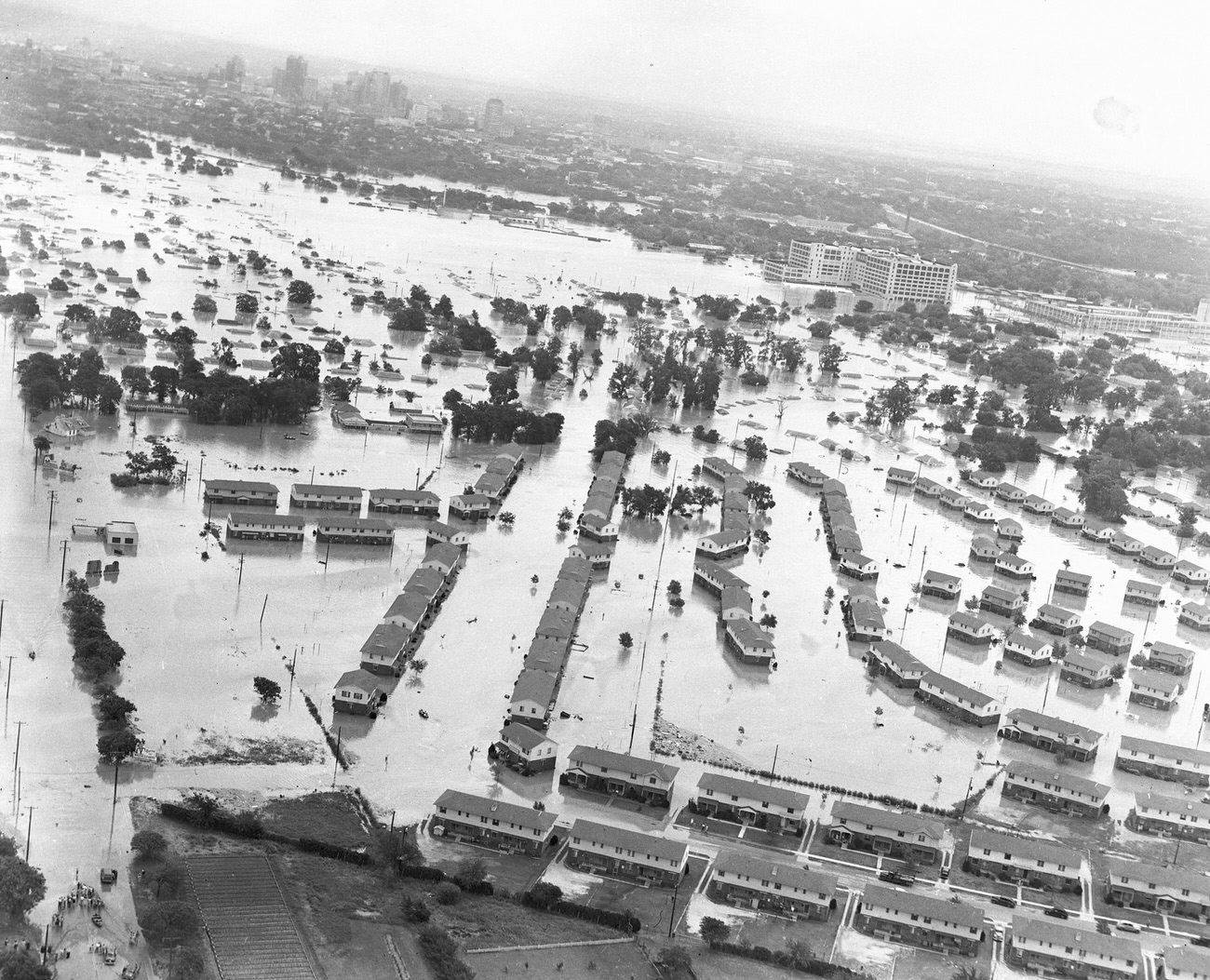 #36 Fort Worth, Texas, flood of 1949, showing a neighborhood of homes under water. The large Montgomery Ward building received extensive damage.