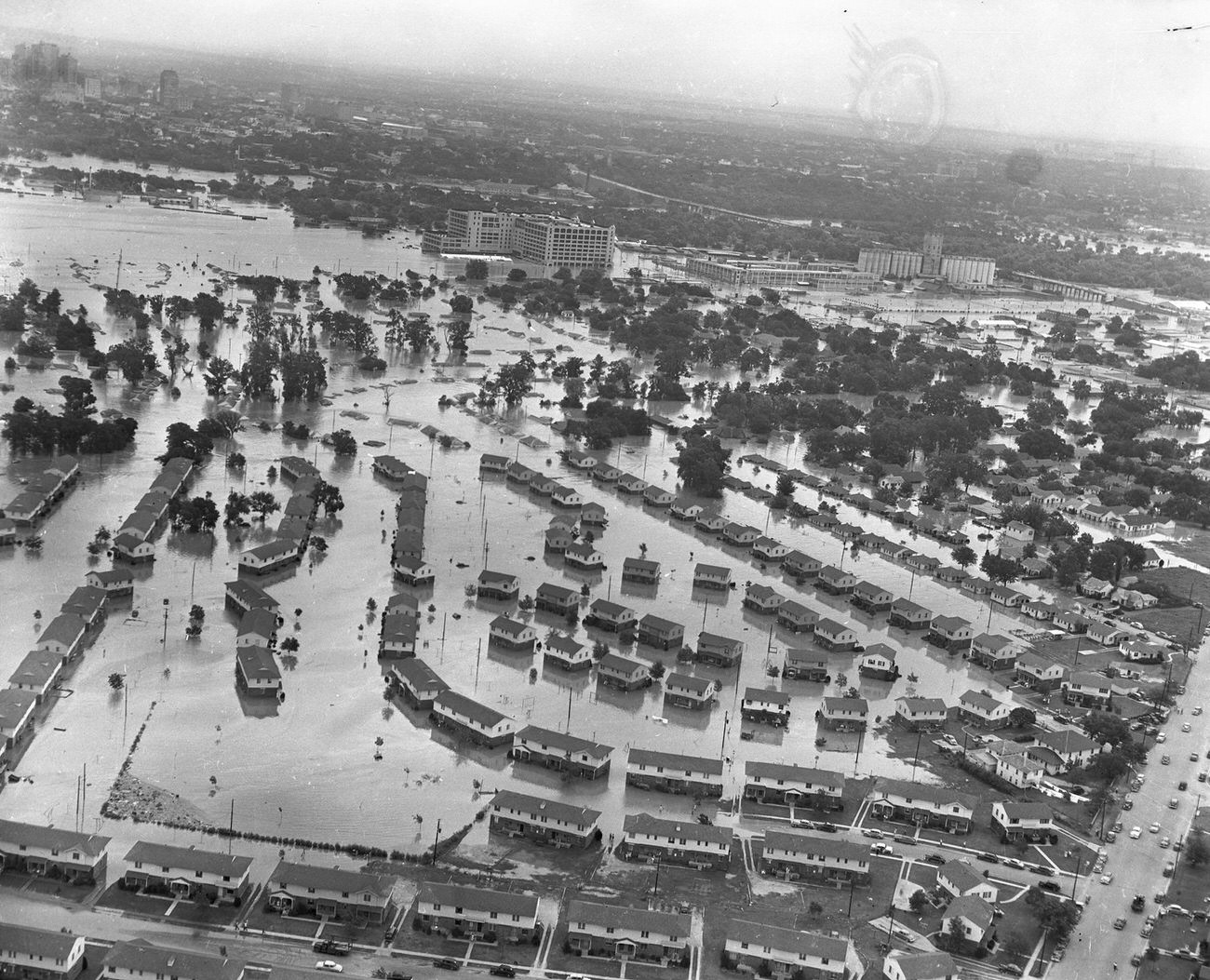 #44 Fort Worth flood of 1949 showing a neighborhood of homes under water, 1949
