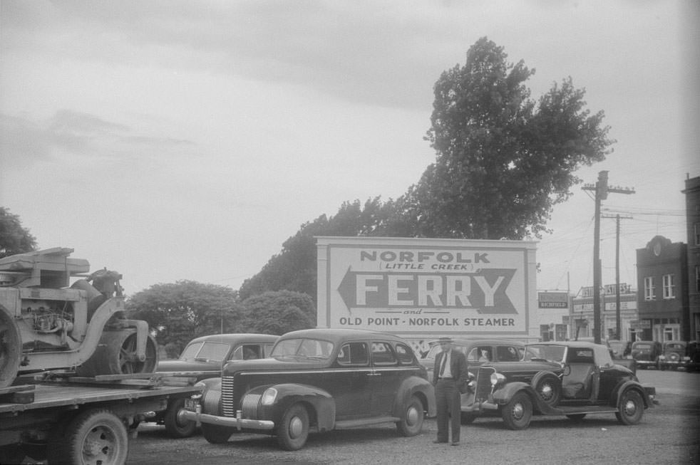 #191 Cars waiting for the nine o’clock ferry to Norfolk, at Cape Charles, Virginia, 1940