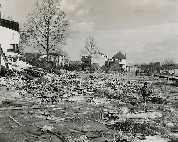 #138 Young Park Demolition. Scene showing area being cleared for new Second Precinct Police Station, 1951