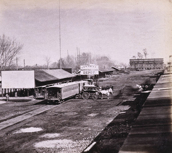 #127 The Railroad Depots, on the Levee, Sacramento City, 1870s