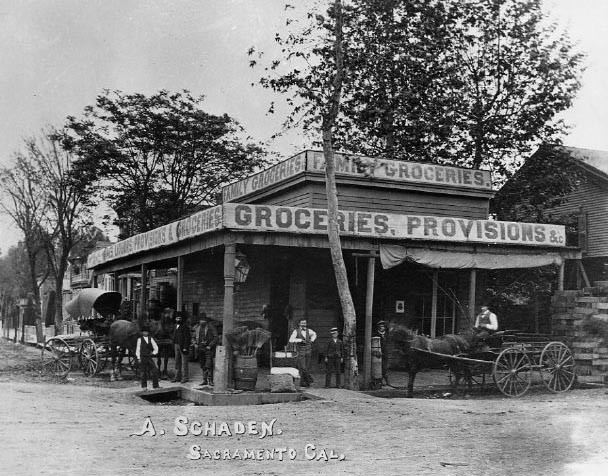 #5 Exterior view of the A(rend) Schaden Family Grocery at the southeast corner of 2nd and M Streets in Sacramento, 1878