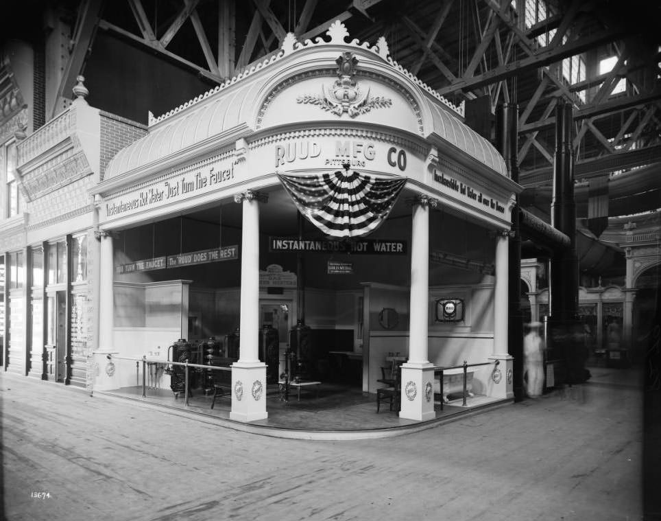 #102 The Ruud Manufacturing Company, Pittsburgh, exhibited its gas water heaters in the Manufactures palace at the Louisiana Purchase Exposition, 1904