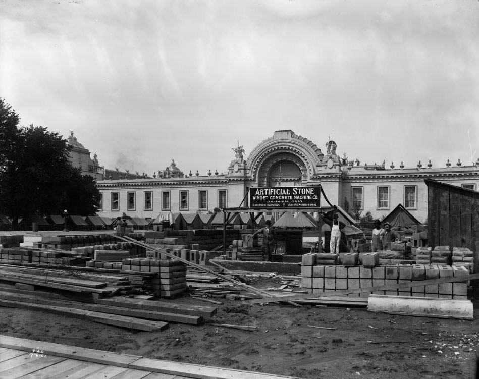 #114 The Winget Machine Co., Columbus, Ohio, exhibited machinery for making articfical building stone and samples of its products in the Palace of Liberal Arts and in an area east of the Liberal Arts building at the Louisiana Purchase Exposition