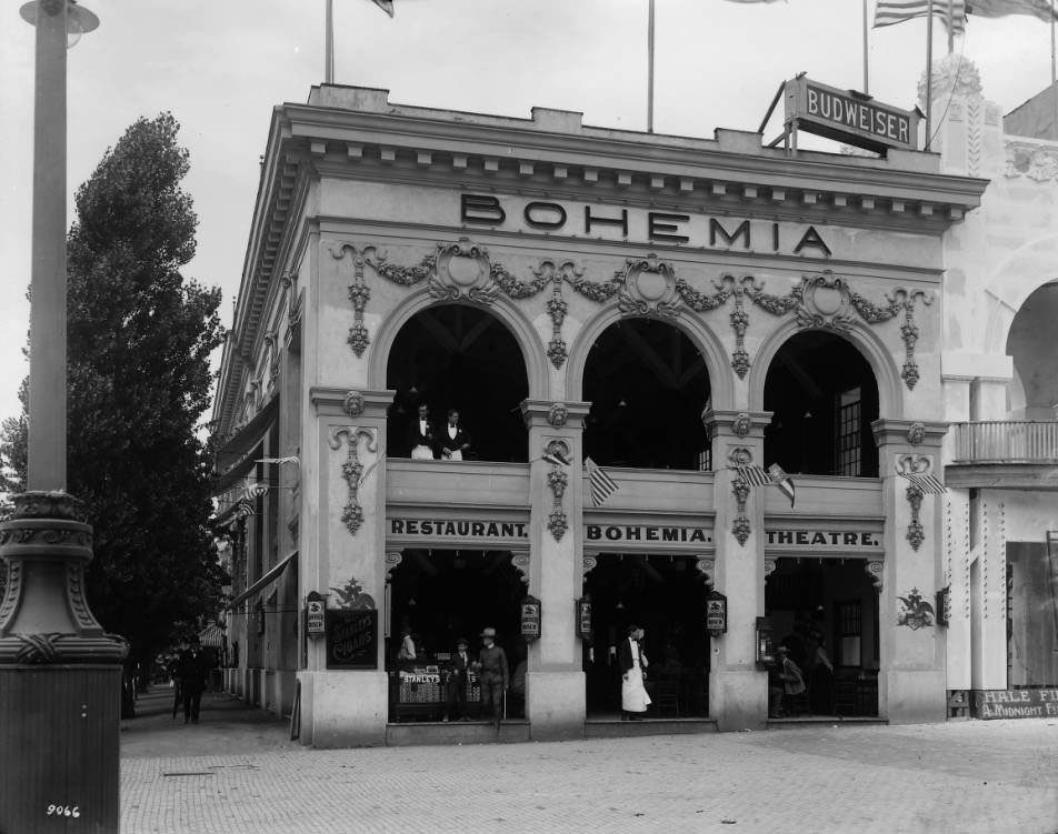 #123 Waiters on the open-air second floor of the Bohemia Restaurant look down at the Pike at the Louisiana Purchase Exposition, 1904