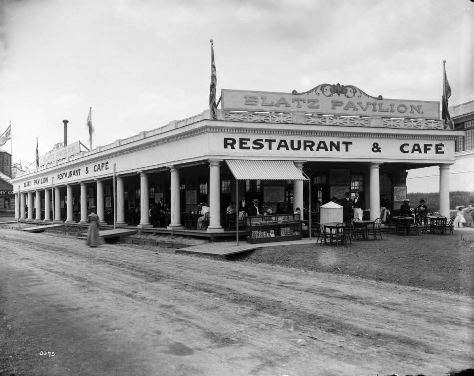 #148 Diners enjoy a meal at the Milwaukee brewer Blatz’s restaurant-cafe at the Louisiana Purchase Exposition, 1904