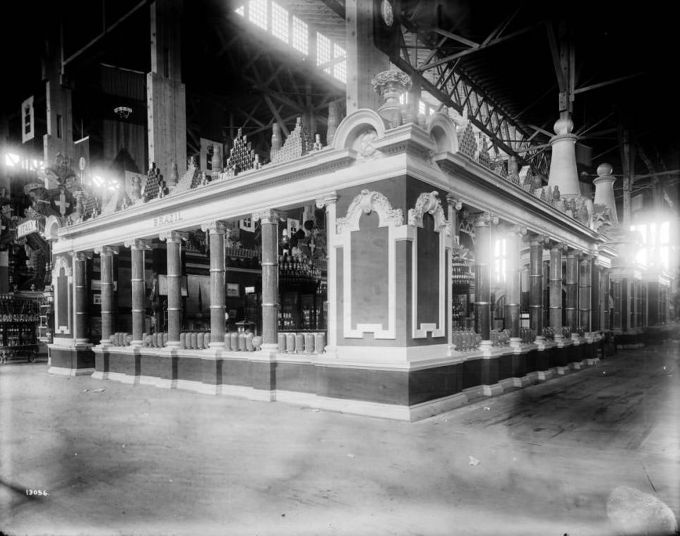 #149 Coffee beans were displayed in glass columns at Brazil’s booth in the Palace of Agriculture at the Louisiana Purchase Exposition.
