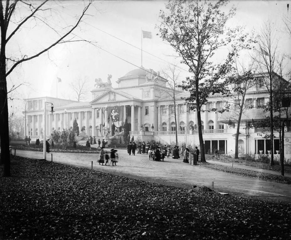 #152 In late autumn 1904 fairgoers visit the New York State pavilion at the Louisiana Purchase Exposition
