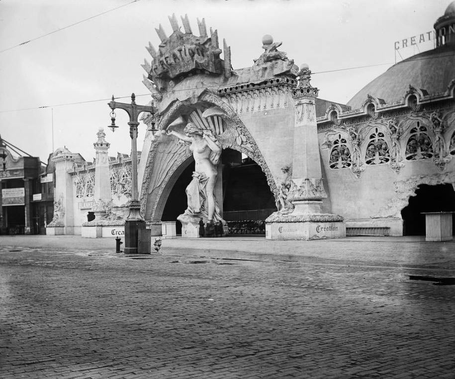 #176 A view of the entrance to the Creation concession on the Pike toward the end of the Louisiana Purchase Exposition, 1904