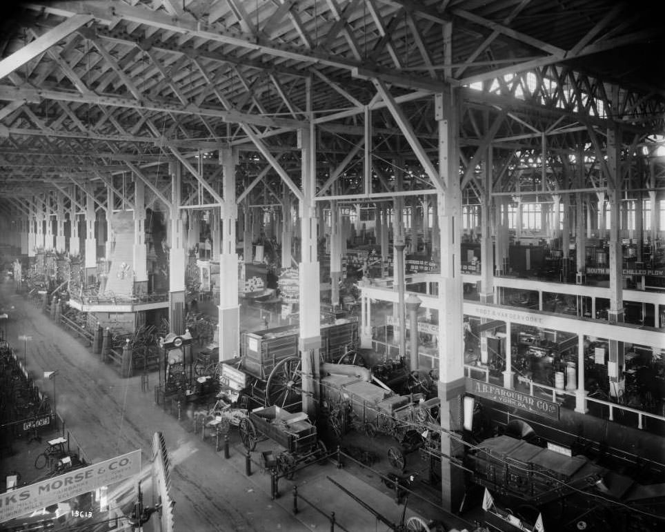 #192 An overhead view of exhibits of agricultural machinery and implements on the floor of the Agriculture palace at the Louisiana Purchase Exposition