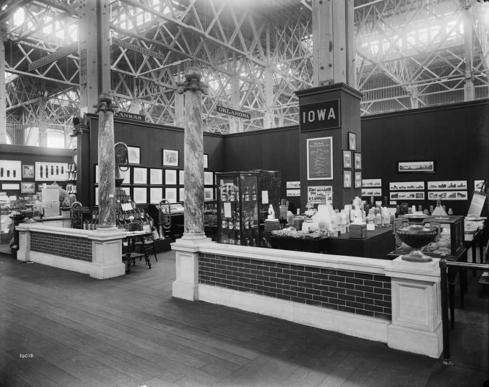 #85 Two scagliola sienna marble columns set off the entrance to Iowa’s exhibit in the Palace of Mines and Metallurgy at the Louisiana Purchase Exposition, 1904