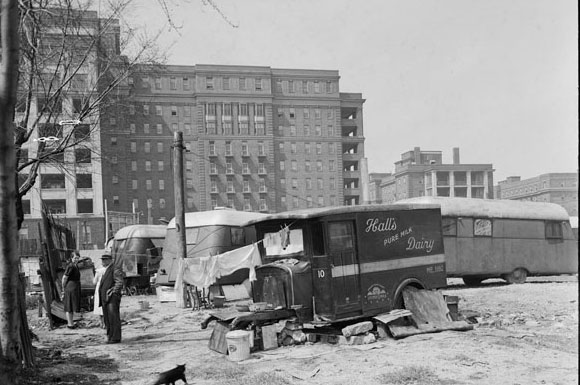 #127 Collection of trailers being used as homes near Centre and Gerrard streets, 1940s